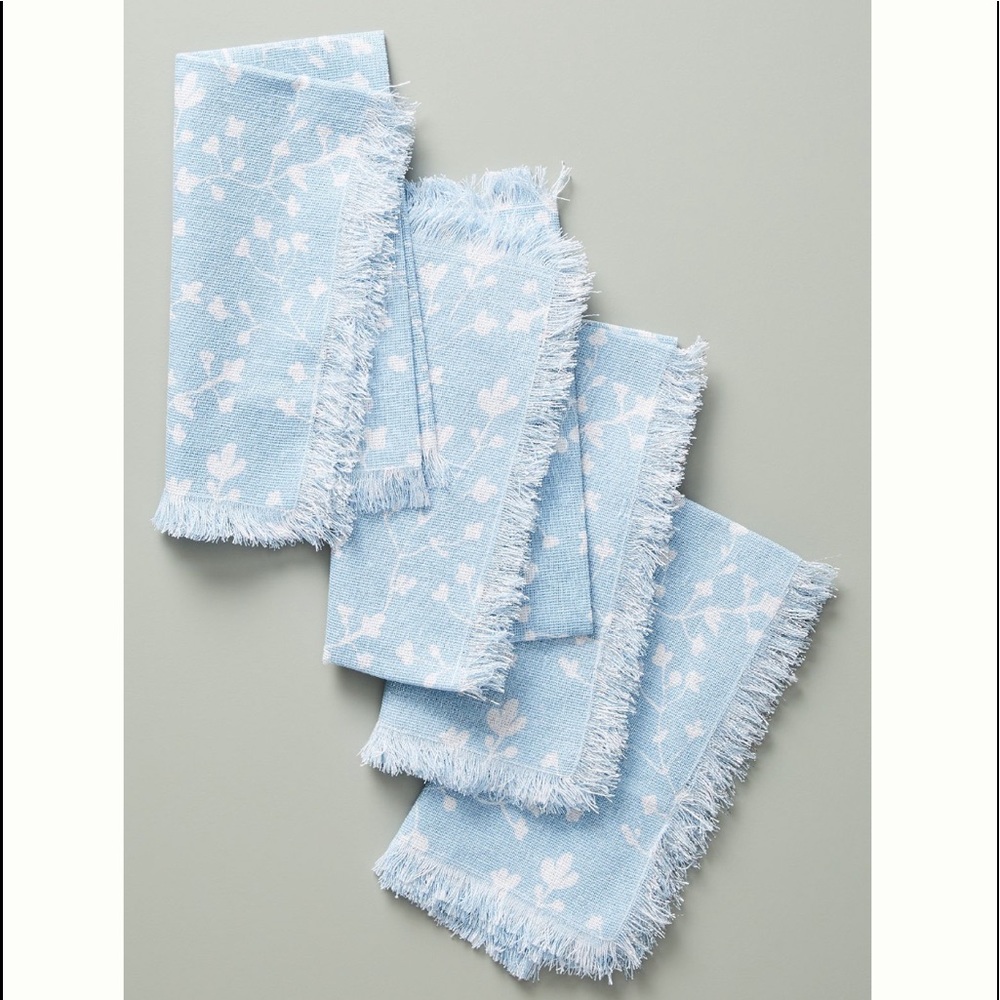 Anthropologie Hazel Napkins, Light Sky Blue White Silver Shimmer, Cotton Linens